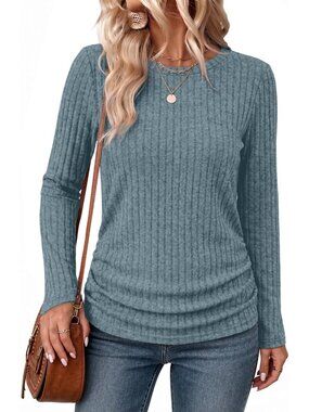 👚Women's Grey Blue Long Sleeve Shirts Side Ruched Early Fall Crewneck Tunic Top